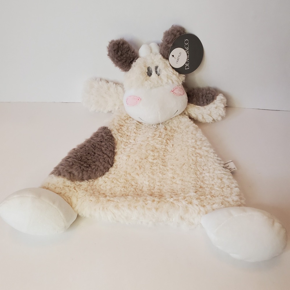 Demdaco White Gray Cow Lovey Security‎ Blanket With Rattle